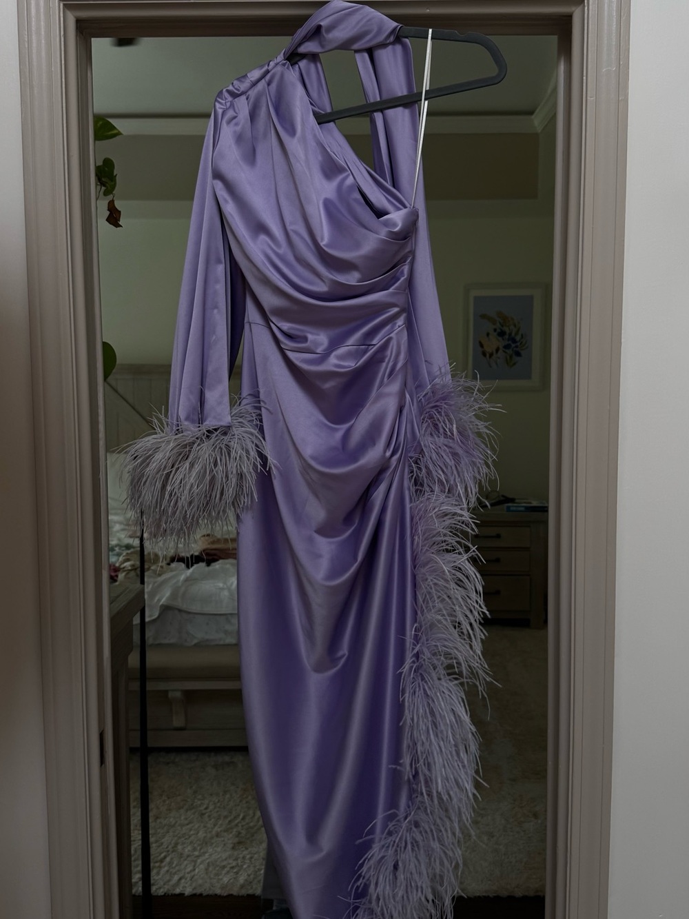 PatBo Lavender Satin One-Shoulder Feather Trim Gown - Picture 1 of 4